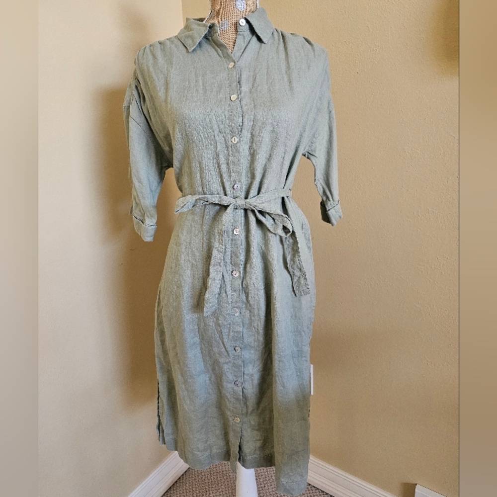 Tahari 100% Linen Button Front Shirt Dress Tie Waist Small Olive Green